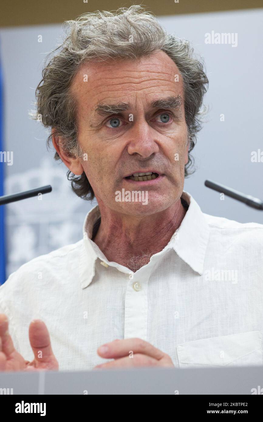 The director of the Center for the Coordination of Health Alerts and Emergencies, Fernando Simon, addresses to a journalist at a press conference to report on the evolution of COVID-19, on July 16, 2020 in Madrid, Spain. (Photo by Oscar Gonzalez/NurPhoto) Stock Photo