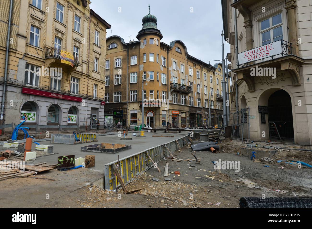 A view of a tram line construction work in Krakowska Street, in Kazimierz, a historic Jewish quarter of Krakow. On Thursday, July 15, 2020, in Krakow, Poland. (Photo by Artur Widak/NurPhoto) Stock Photo