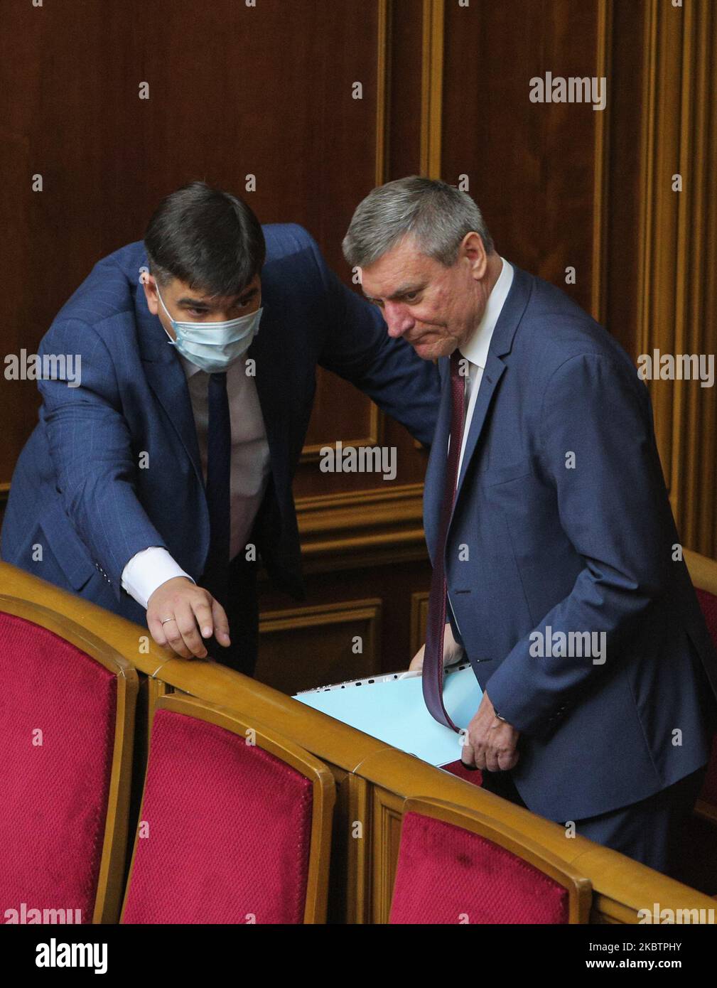 Vice minister, Minister for Strategic Industries Kyrylo Shevchenko (R) talks to lawmaker during a session of Parliament in Kyiv, Ukraine, July 16, 2020. Ukrainian Parliament voted for Heads of Central Bank, Antimonopoly Committee and appointed new Vice minister, Minister for Strategic Industries. (Photo by Sergii Kharchenko/NurPhoto) Stock Photo