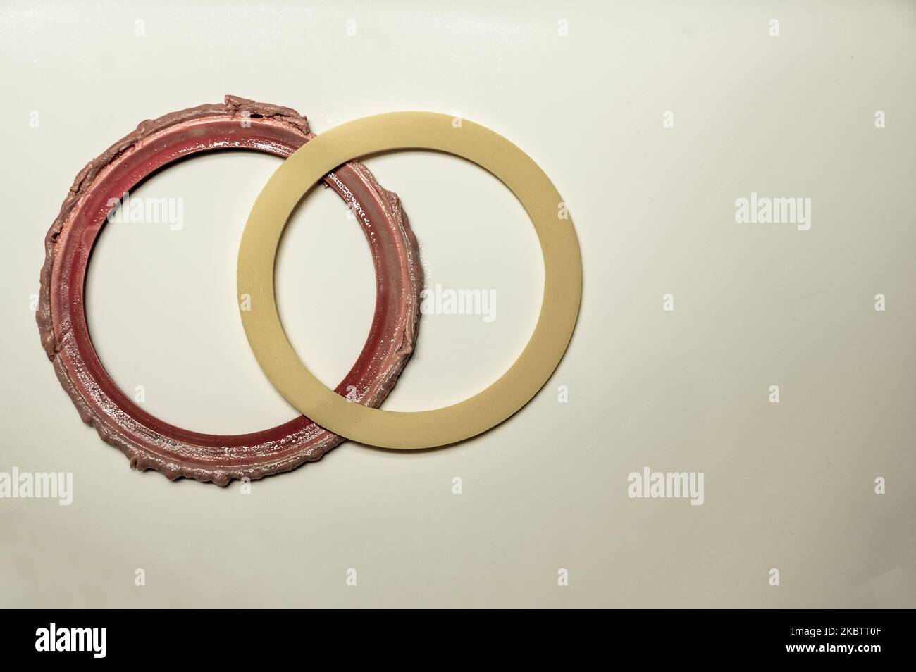 Old and new seal gasket from the flapper mechanism of a leaky