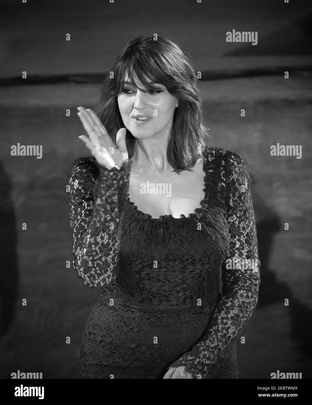 (EDITOR'S NOTE: Image was converted to black and white) Monica Bellucci attend the ceremony in memory of Ennio Morricone in the suggestive ancient theater of Taormina with the presentation of the film by Giuseppe Tornatore ''Devotion''. 66th Taorminafilmfest, Taormina (ME), Italy - July 18, 2020 (Photo by Gabriele Maricchiolo/NurPhoto) Stock Photo