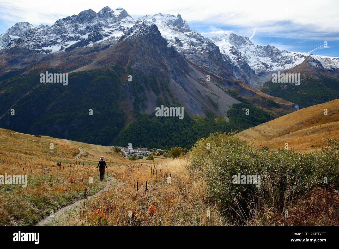 General view of the Meije Peak in Ecrins National Park, Romanche Valley, Hautes Alpes (French Southern Alps), France, with Autumn colors Stock Photo