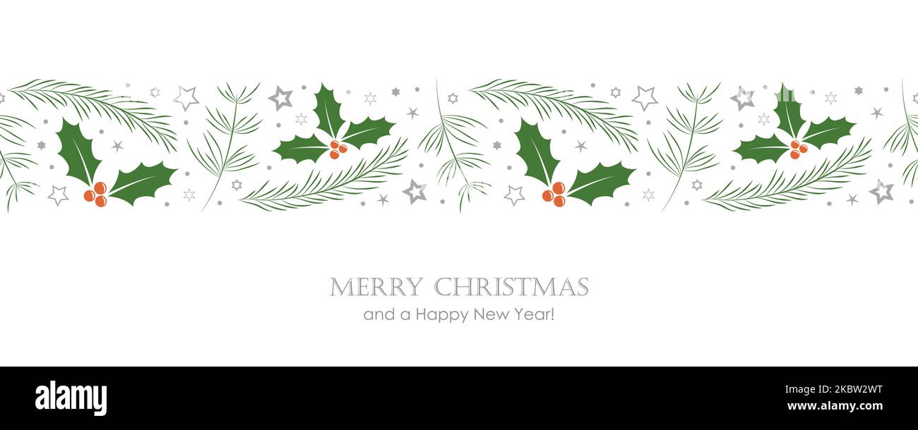 christmas greeting card banner with fir branches and holly berry border ...