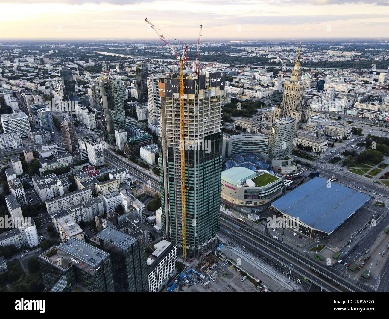 Varso Place An aerial view is seen of the city center with the Varso tower under ...