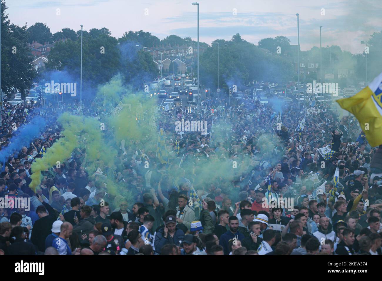 Leeds United''s players and fans celebrate winning the EFL Championship and getting promoted to