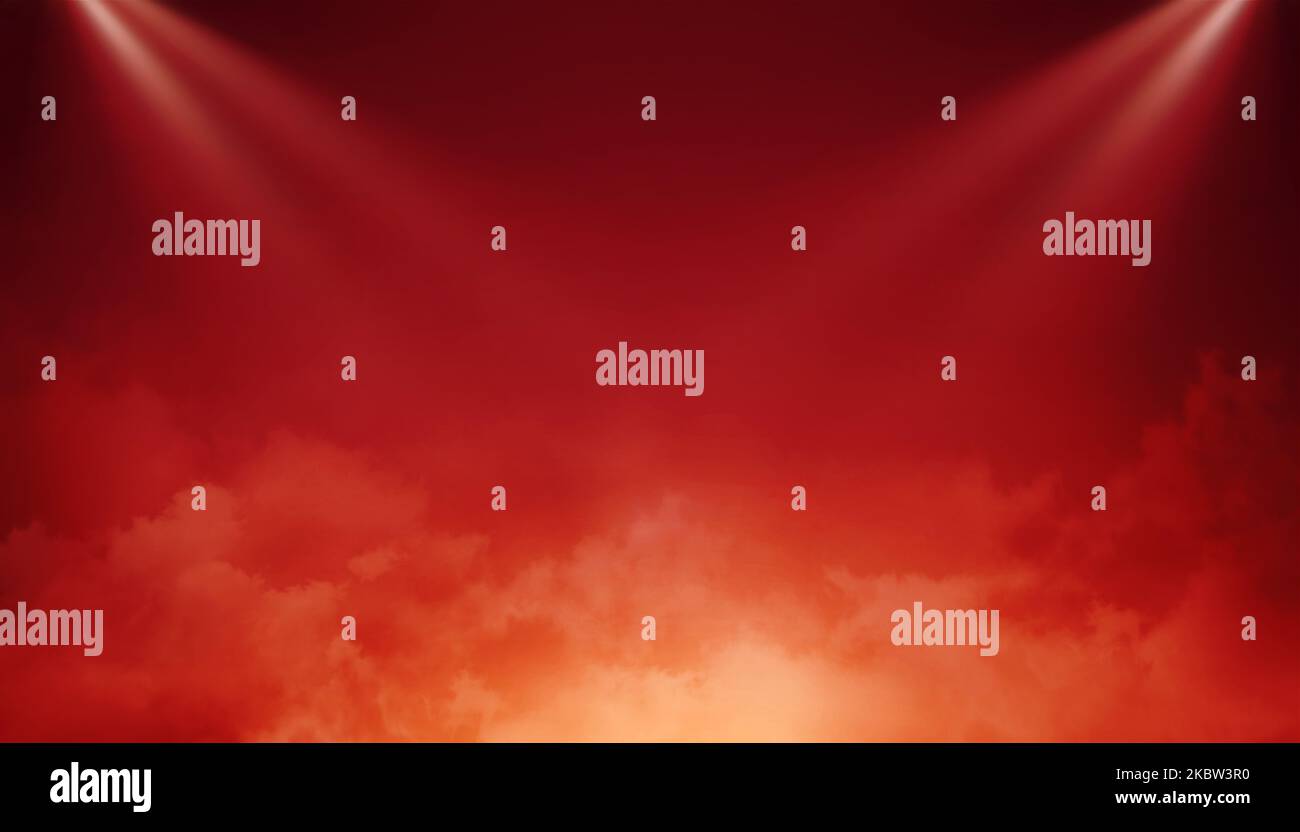 Empty red scene with stage spotlights, warm centered colored light and smoke. Concert lighting and mist, night show background. Stock Photo