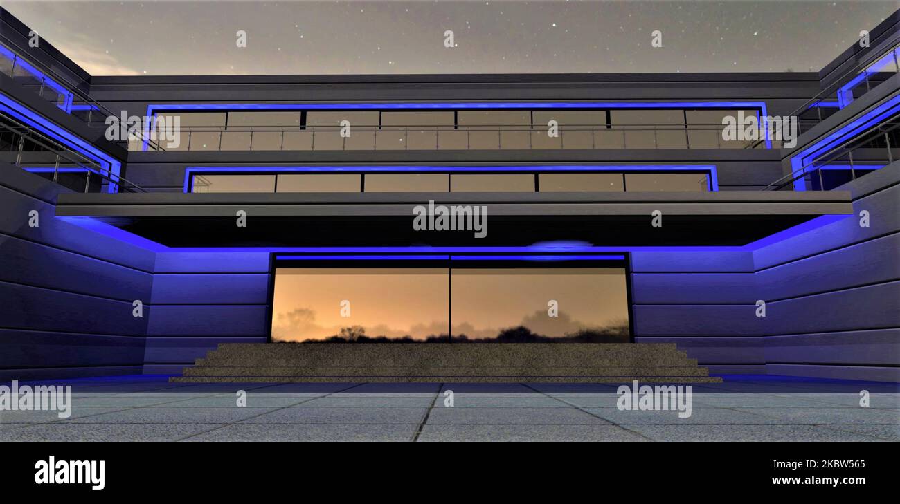 Futuristic lighting design in blue for a building built by humans on ...