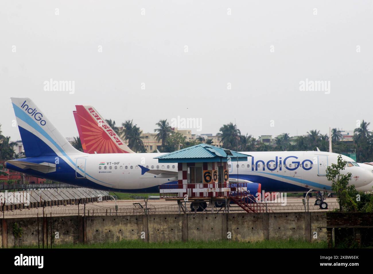 Air planes are seen parked at the Netaji Subhash Chandra Bose International Airport, as flight operations are suspended from July 25 to 29 during Complete lockdown against the spread of the COVID-19 coronavirus, in Kolkata,India on July 25, 2020. India is the third hardest-hit country by the pandemic in the world after the United States and Brazil. (Photo by Debajyoti Chakraborty/NurPhoto) Stock Photo