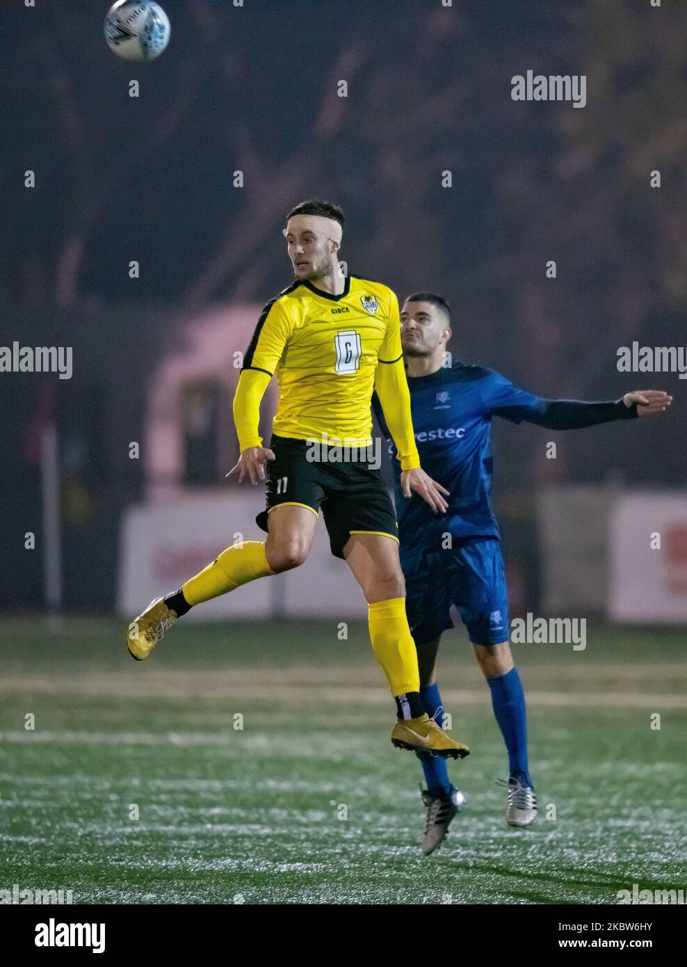 Mitchell Davidson (L) of the NWS Spirit FC wins the header during the NPL 2 Rd 2 match between Hakoah Sydney City East FC and NWS Spirit FC on July 25, 2020 at Christie Park in Sydney, Australia. (Photo by Izhar Khan/NurPhoto) Stock Photo