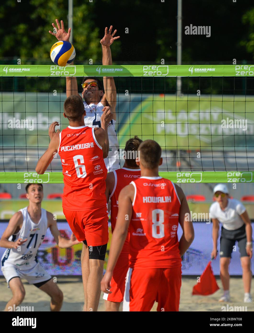 Asseco Resovia (Red) vs Grupa Azoty ZAKSA Kedzierzyn-Kozle (White) volleyball match, during the PreZero Grand Prix tournament in Krakow, at KS Wanda Krakow sports complex. The best volleyball players from PlusLiga, TAURON Liga, meet in Krakow this weekend during the first off three tournaments of the PreZero Grand Prix. On Saturday, July 25, 2020, in Krakow, Lesser Poland Voivodeship, Poland. (Photo by Artur Widak/NurPhoto) Stock Photo
