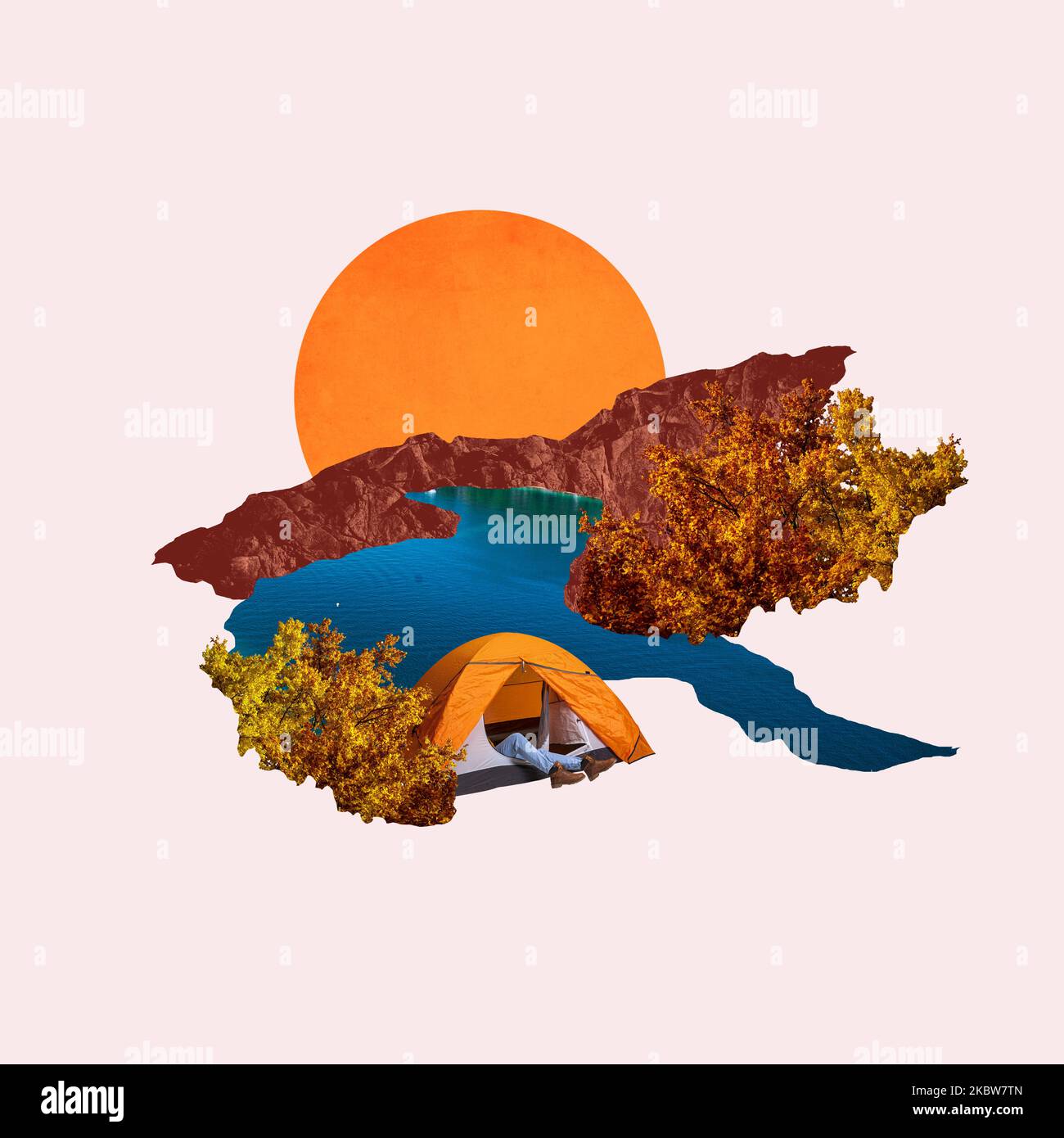 Contemporary art collage. Creative design in retro style. Summer resting in tent. Mountains and lake landscape Stock Photo