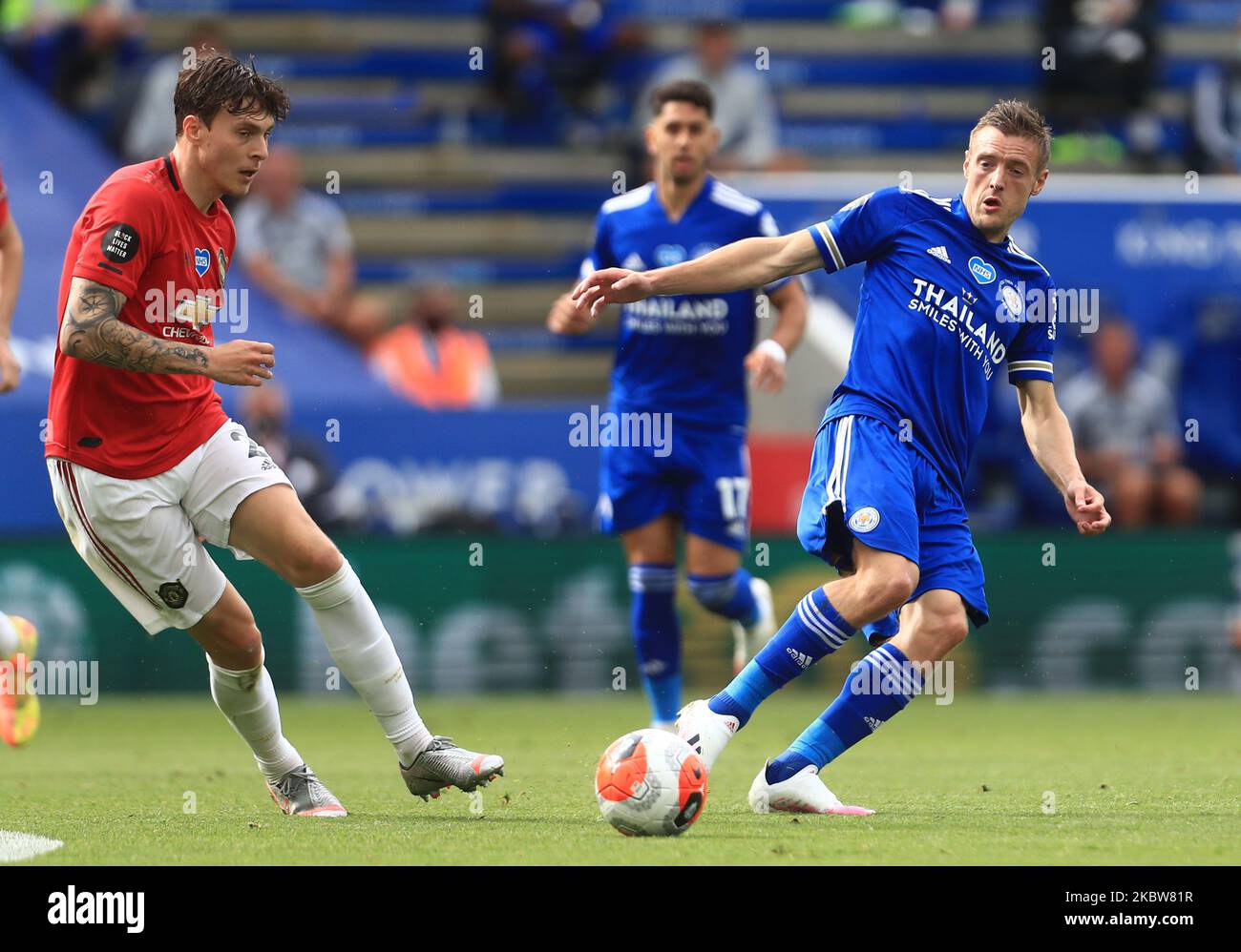 Jamie Vardy of Leicester City and Victor Lindelof of Manchester United during the Premier League match between Leicester City and Manchester United at the King Power Stadium, Leicester on Sunday 26th July 2020. (Photo by Leila Coker/MI News/NurPhoto) Stock Photo