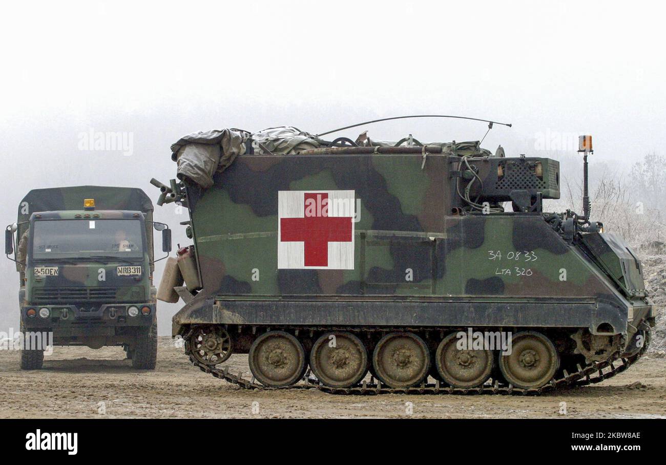 US Military Medical Vehicle stand by casualties during an annual military joint drill near DMZ in Paju, South Korea, on March 9, 2003. (Photo by Seung-il Ryu/NurPhoto) Stock Photo