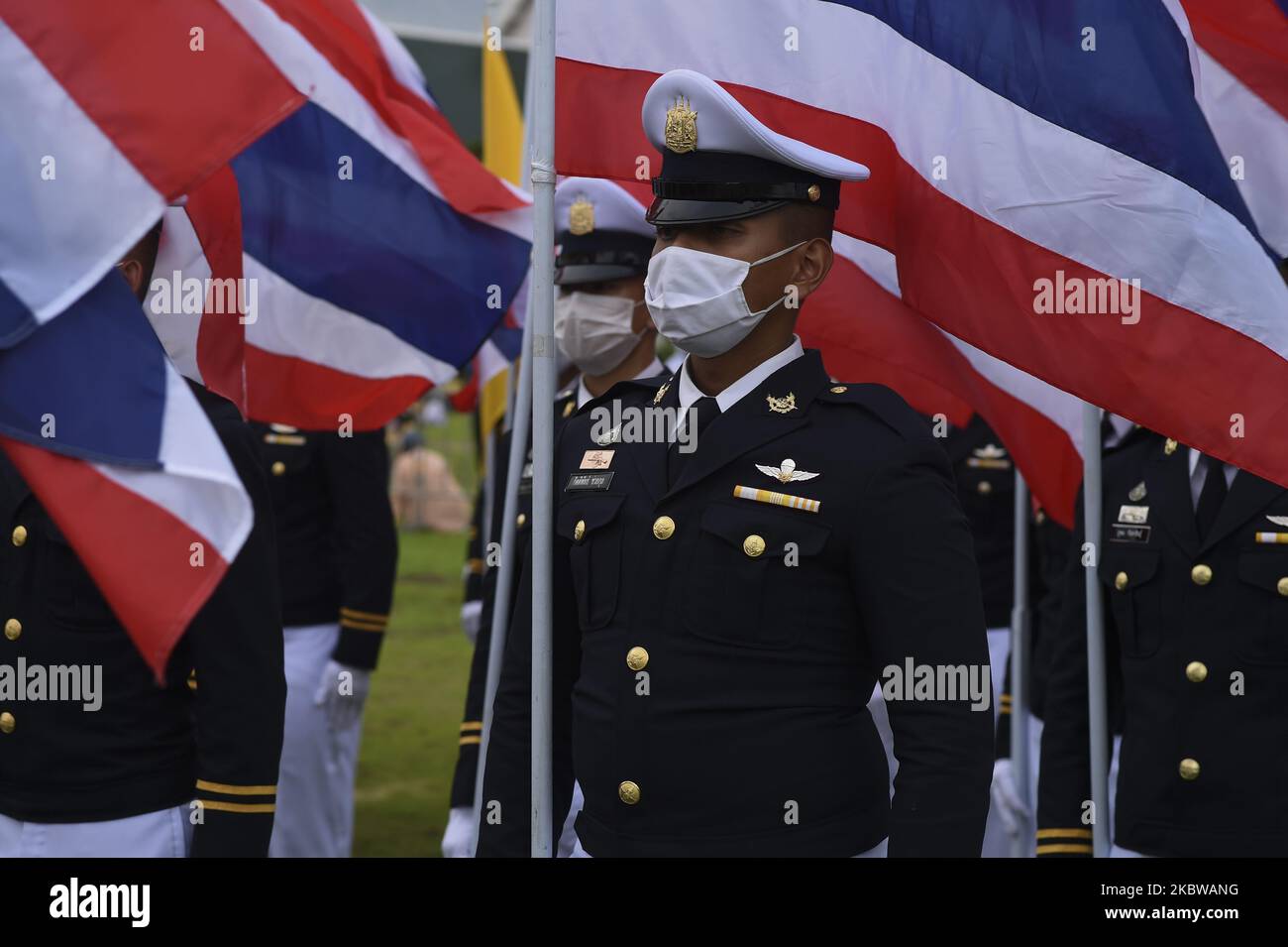 Thai navy officers line up during a celebration to mark the king's 68th birthday, at Sanam Luang in Bangkok, Thailand, 28 July 2020. (Photo by Anusak Laowilas/NurPhoto) Stock Photo
