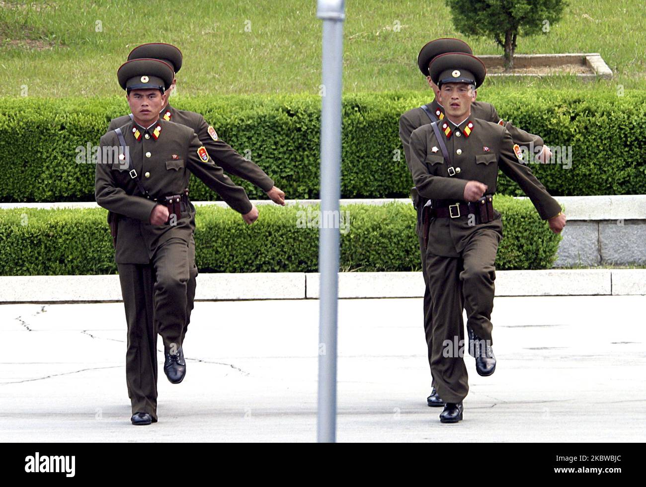 May 20, 2003-Paju, South Korea-North Korean soldiers react for shift change at Panmunjom in Paju, South Korea. (Photo by Seung-il Ryu/NurPhoto) Stock Photo