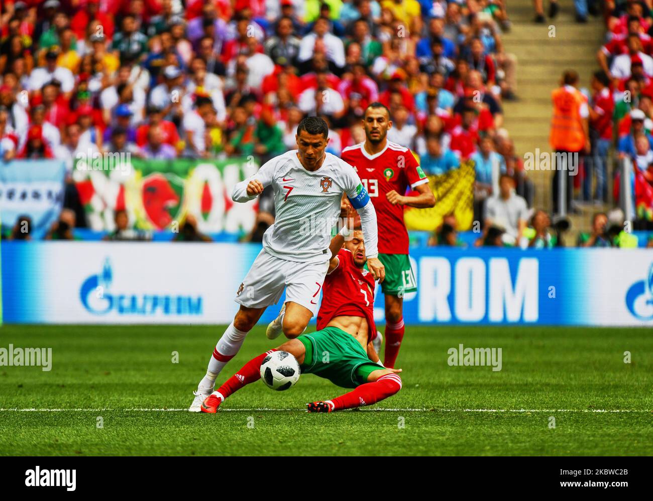 Cristiano Ronaldo of Portugal in duel with Hakim Ziyach of Morocco during the FIFA World Cup match Portugal versus Morocco at Luzhniki Stadium, Moscow, Russia on June 20, 2018. (Photo by Ulrik Pedersen/NurPhoto) Stock Photo