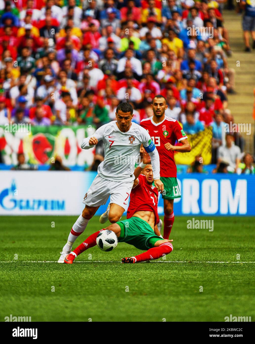 Cristiano Ronaldo of Portugal in duel with Hakim Ziyach of Morocco during the FIFA World Cup match Portugal versus Morocco at Luzhniki Stadium, Moscow, Russia on June 20, 2018. (Photo by Ulrik Pedersen/NurPhoto) Stock Photo