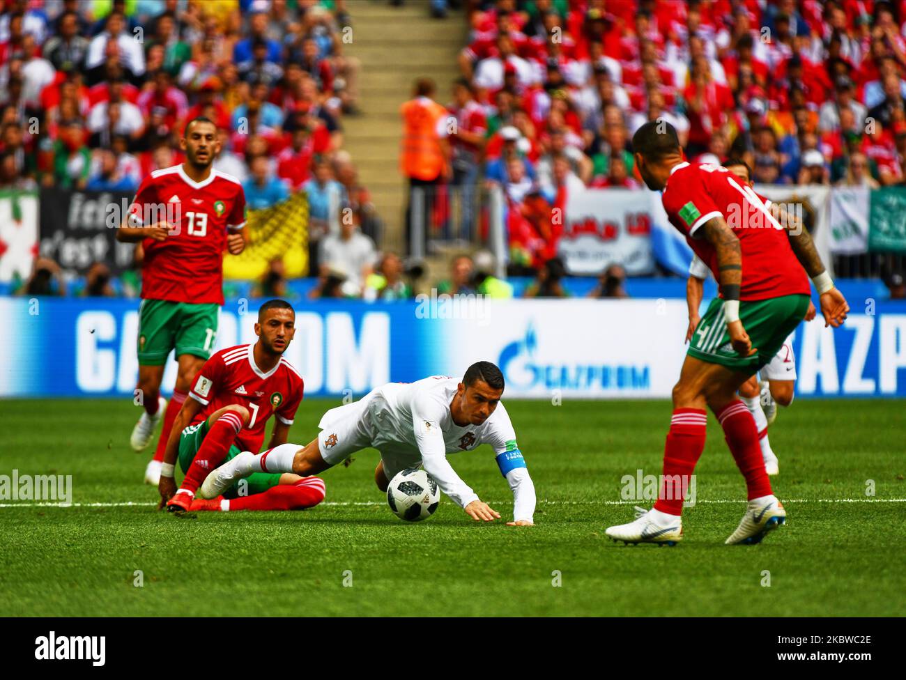 Cristiano Ronaldo of Portugal in duel with Hakim Ziyach of Morocco during the FIFA World Cup match Portugal versus Morocco at Luzhniki Stadium, Moscow, Russia on June 20, 2018. (Photo by Ulrik Pedersen/NurPhoto) Stock Photo