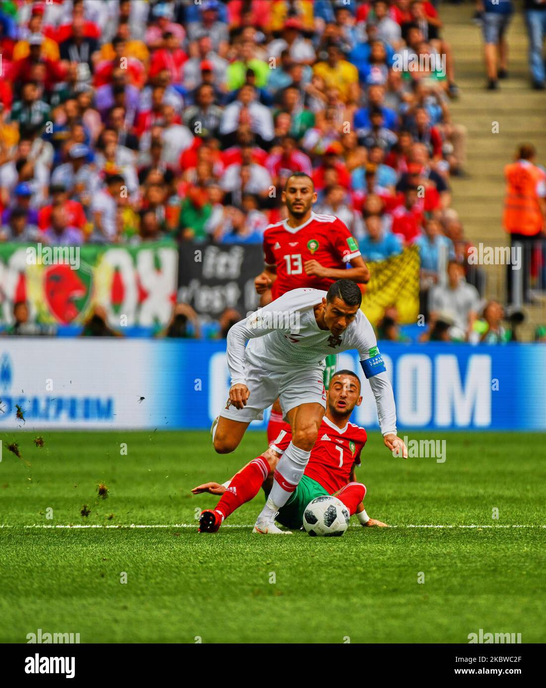 Cristiano Ronaldo of Portugal in duel with Hakim Ziyach of Morocco during the FIFA World Cup match Portugal versus Morocco at Luzhniki Stadium, Moscow, Russia on June 20, 2018. (Photo by Ulrik Pedersen/NurPhoto) Stock Photo