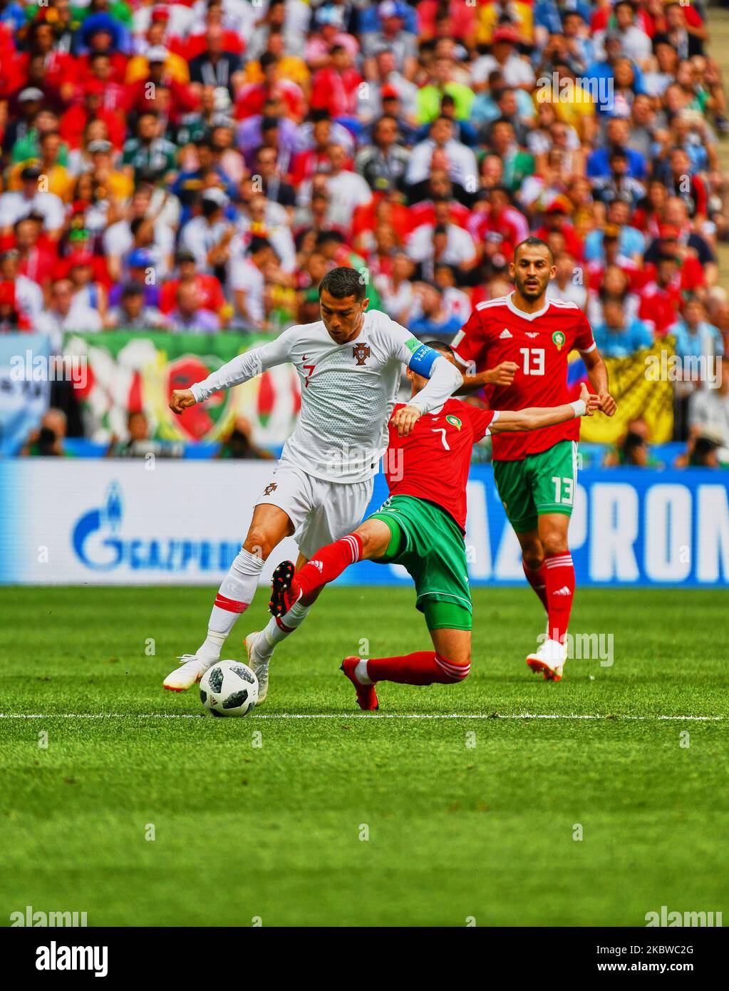 Cristiano Ronaldo of Portugal in duel with Hakim Ziyach of Morocco during the FIFA World Cup match Portugal versus Morocco at Luzhniki Stadium, Moscow, Russia on June 20, 2018. (Photo by Ulrik Pedersen/NurPhoto) Stock Photo