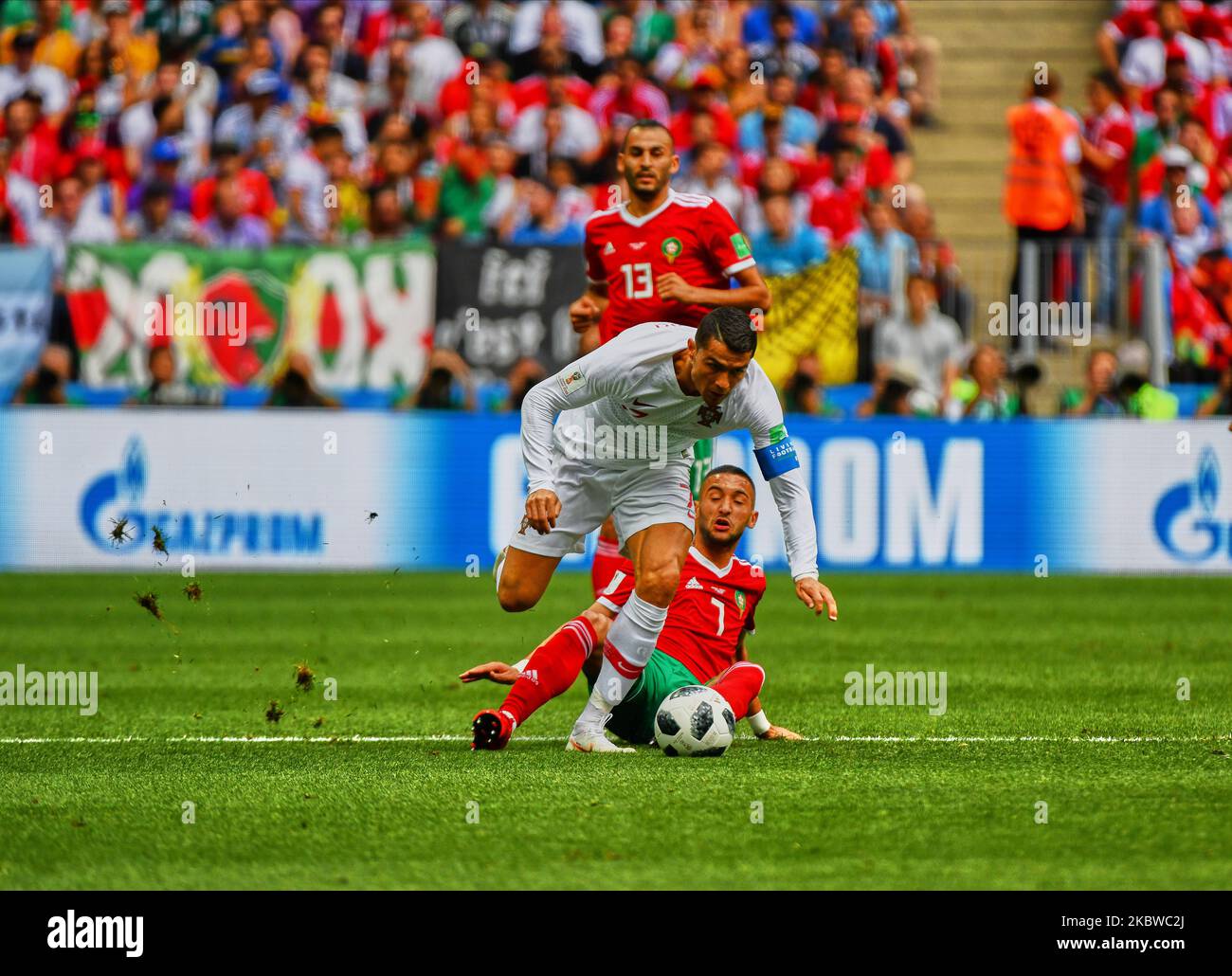 Cristiano Ronaldo of Portugal in duel with Hakim Ziyach of Morocco during the FIFA World Cup match Portugal versus Morocco at Luzhniki Stadium, Moscow, Russia on June 20, 2018. (Photo by Ulrik Pedersen/NurPhoto) Stock Photo