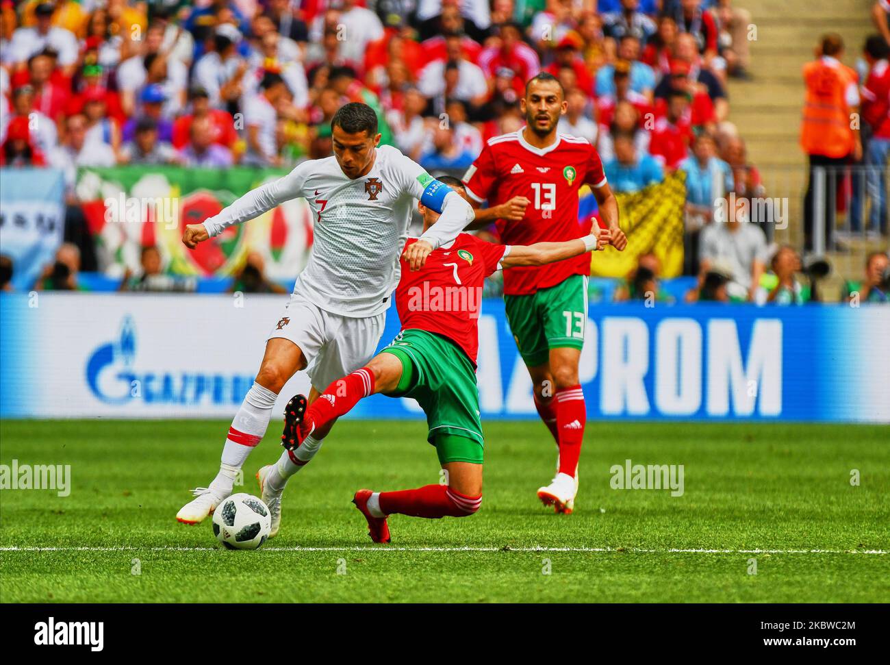 Cristiano Ronaldo of Portugal in duel with Hakim Ziyach of Morocco during the FIFA World Cup match Portugal versus Morocco at Luzhniki Stadium, Moscow, Russia on June 20, 2018. (Photo by Ulrik Pedersen/NurPhoto) Stock Photo