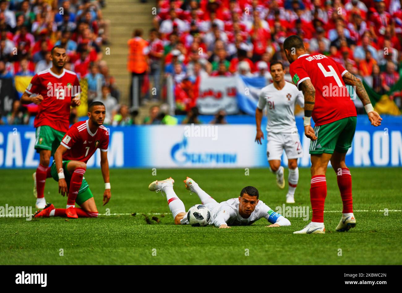 Cristiano Ronaldo of Portugal in duel with Hakim Ziyach of Morocco during the FIFA World Cup match Portugal versus Morocco at Luzhniki Stadium, Moscow, Russia on June 20, 2018. (Photo by Ulrik Pedersen/NurPhoto) Stock Photo