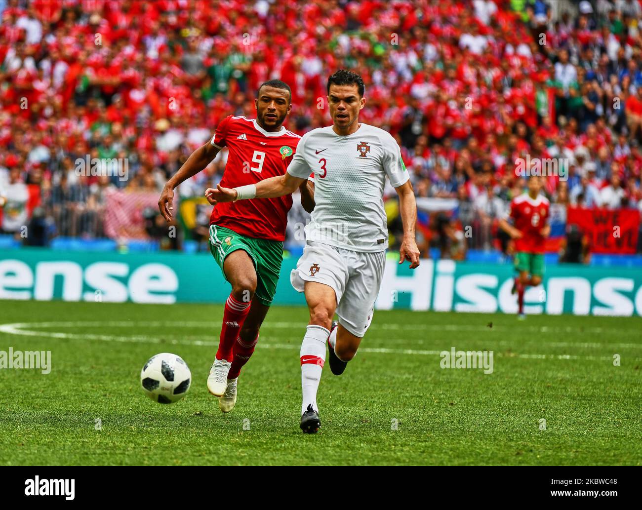Pepe of Portugal and Ayoub El Kaabi of Morocco during the FIFA World Cup match Portugal versus Morocco at Luzhniki Stadium, Moscow, Russia on June 20, 2018. (Photo by Ulrik Pedersen/NurPhoto) Stock Photo