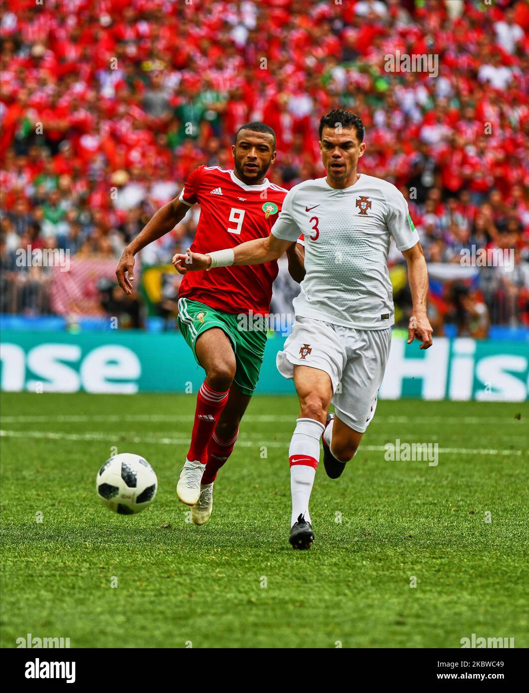 Pepe of Portugal and Ayoub El Kaabi of Morocco during the FIFA World Cup match Portugal versus Morocco at Luzhniki Stadium, Moscow, Russia on June 20, 2018. (Photo by Ulrik Pedersen/NurPhoto) Stock Photo