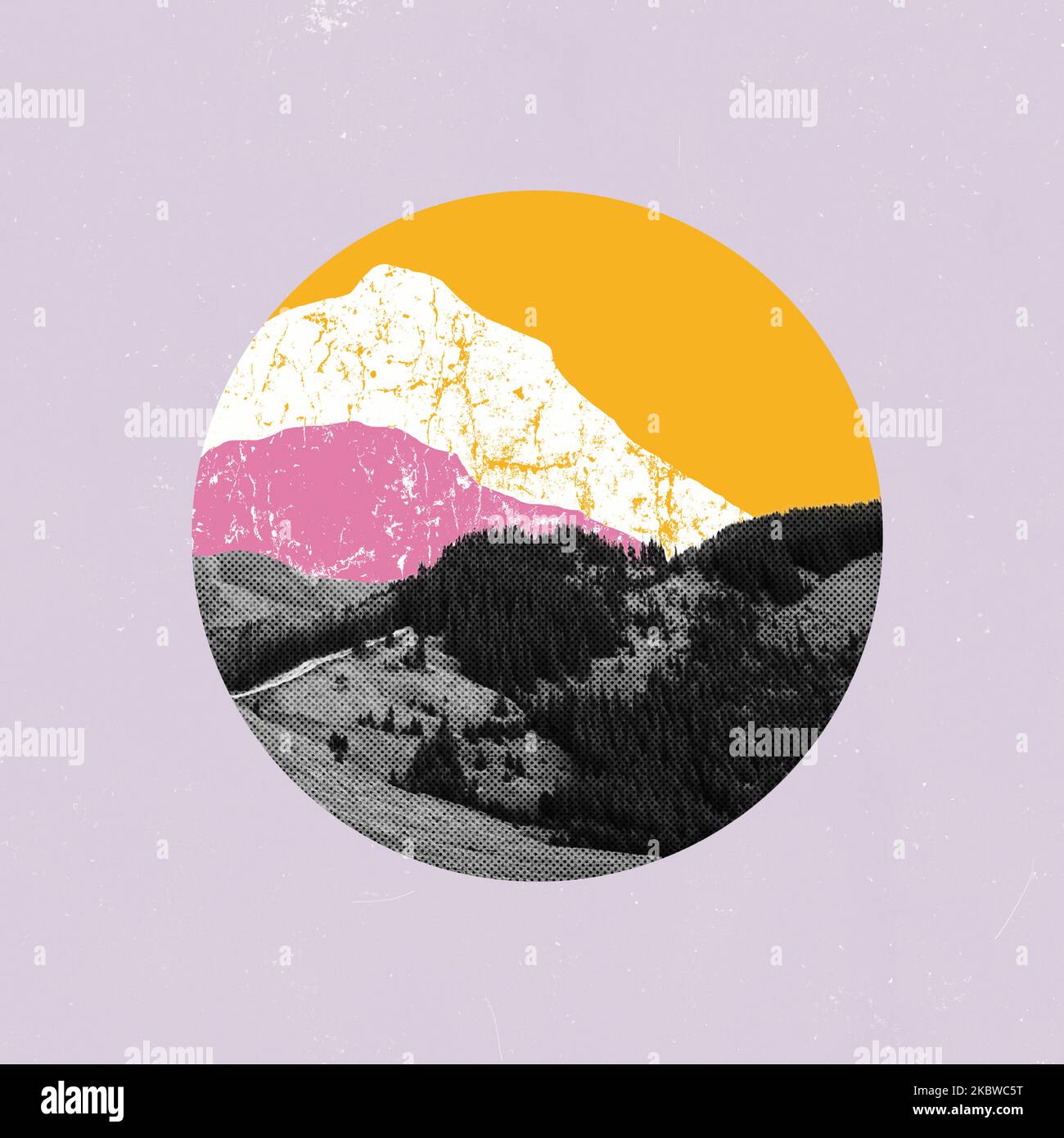 Contemporary art collage. Creative design in retro style. Amazing view of mountains and forest. Multicolored image Stock Photo