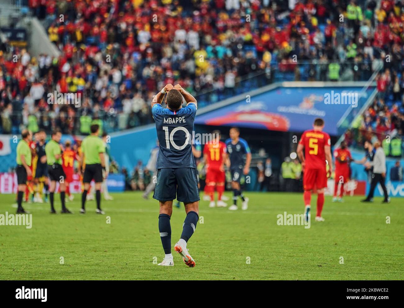 Kylian Mbappé after the FIFA World Cup match France versus Belgium at Saint Petersburg Stadium, Saint Petersburg, Russia on July 10, 2018. (Photo by Ulrik Pedersen/NurPhoto) Stock Photo