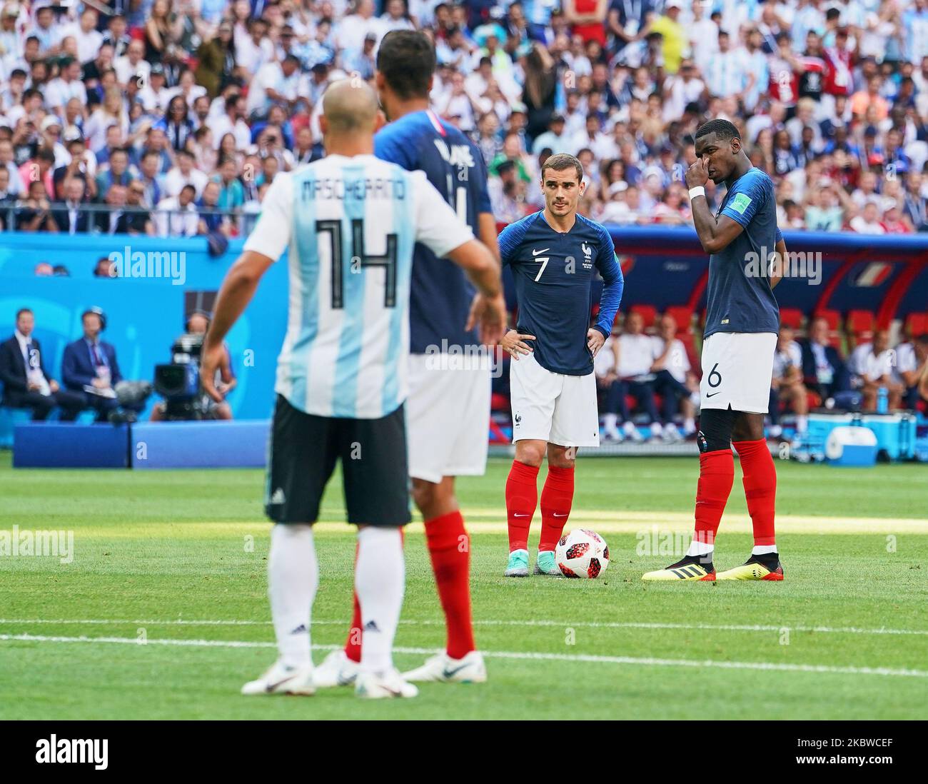 Free kick to Antoine Griezmann of France during the FIFA World Cup match France versus Argentina at Kazan Arena, Kazan, Russia on June 30, 2018. (Photo by Ulrik Pedersen/NurPhoto) Stock Photo