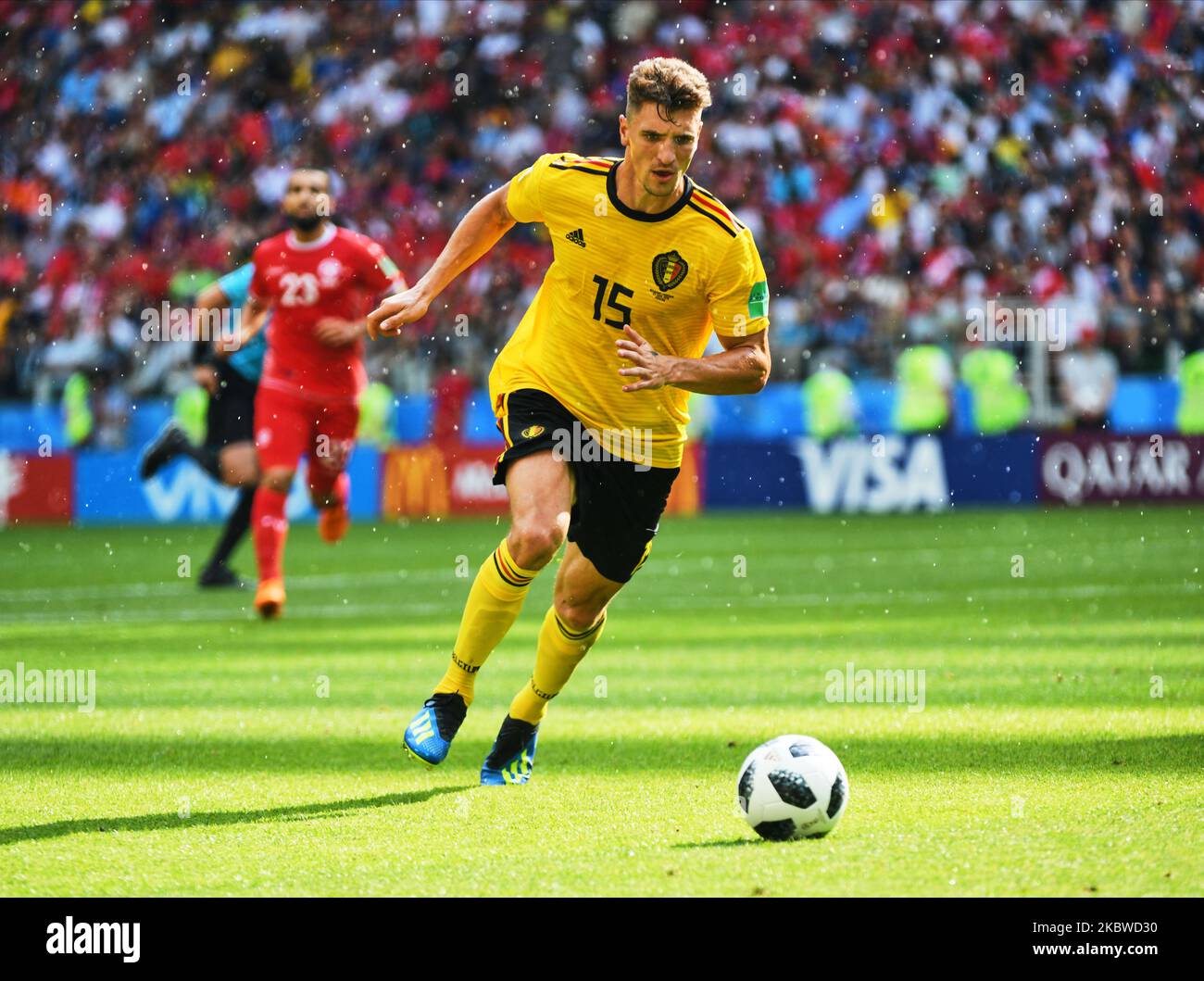 Thomas Meunier of Belgium during the FIFA World Cup match Belgium versus Tunisia at Spartak Stadium, Moscow, Russia on June 23, 2018. (Photo by Ulrik Pedersen/NurPhoto) Stock Photo