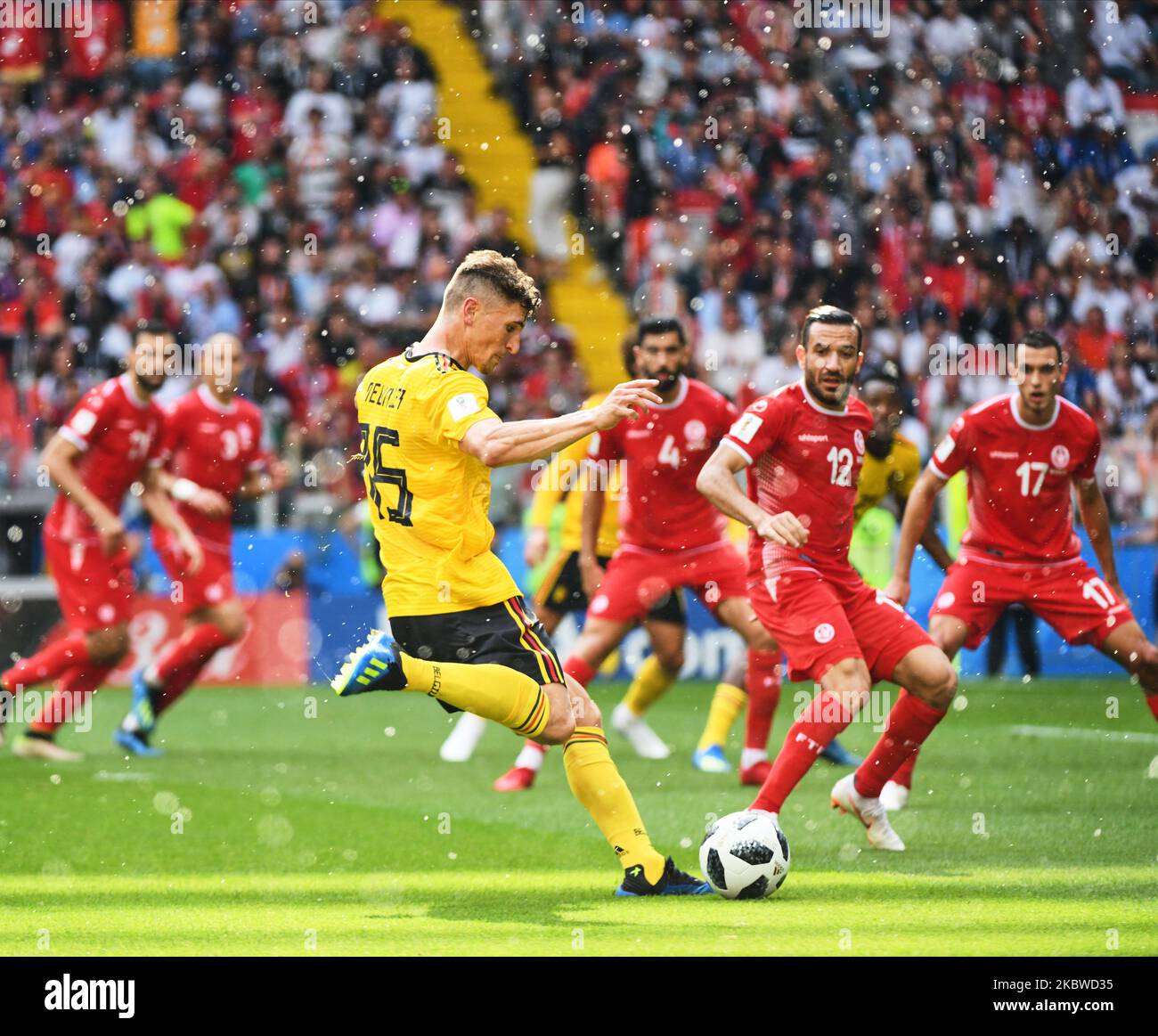 Thomas Meunier of Belgium shooting on goal during the FIFA World Cup match Belgium versus Tunisia at Spartak Stadium, Moscow, Russia on June 23, 2018. (Photo by Ulrik Pedersen/NurPhoto) Stock Photo
