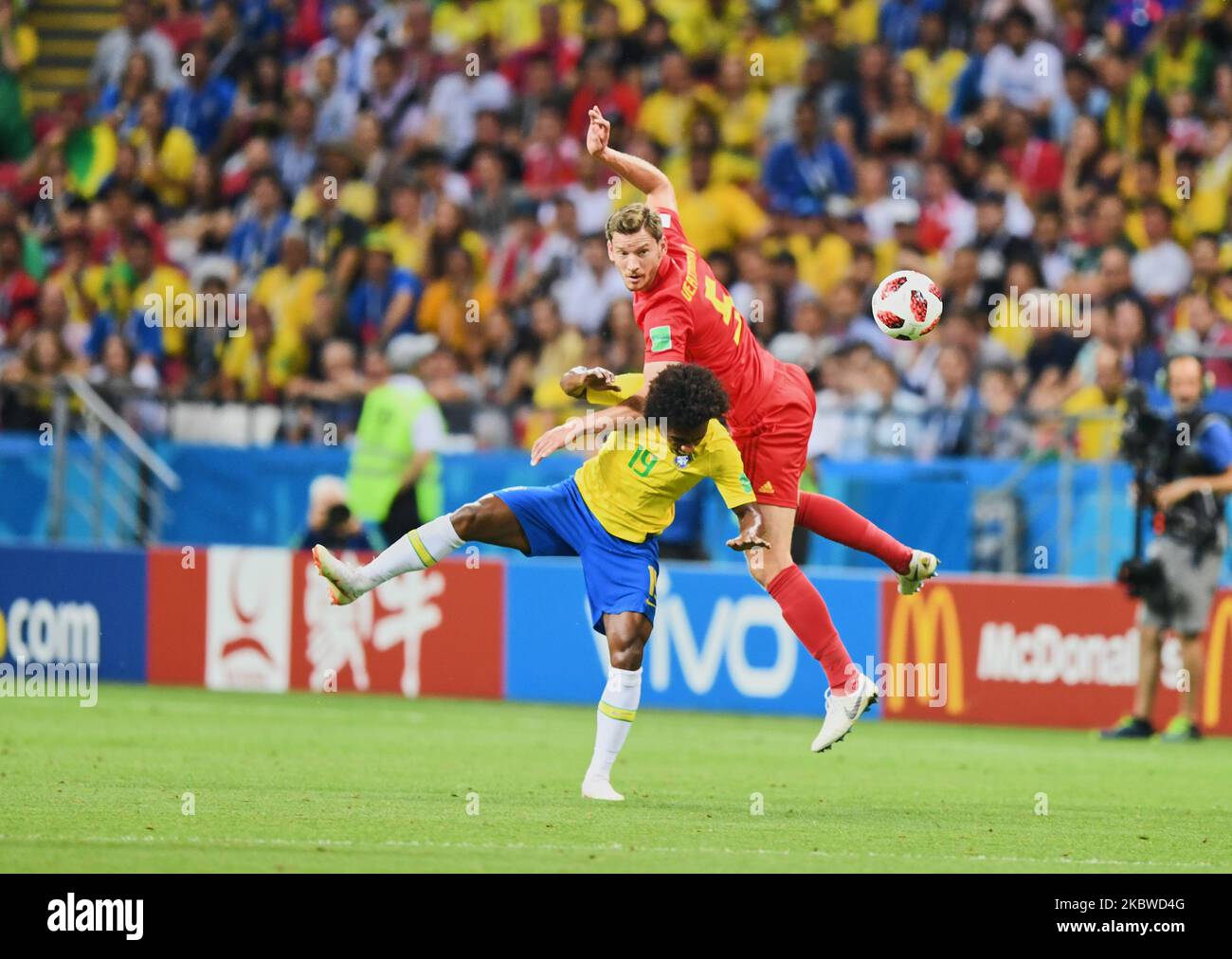 Jan Vertonghen and Willian during the FIFA World Cup match Brazil versus Belgium at Kazan Arena, Kazan, Russia on July 6, 2018. (Photo by Ulrik Pedersen/NurPhoto) Stock Photo