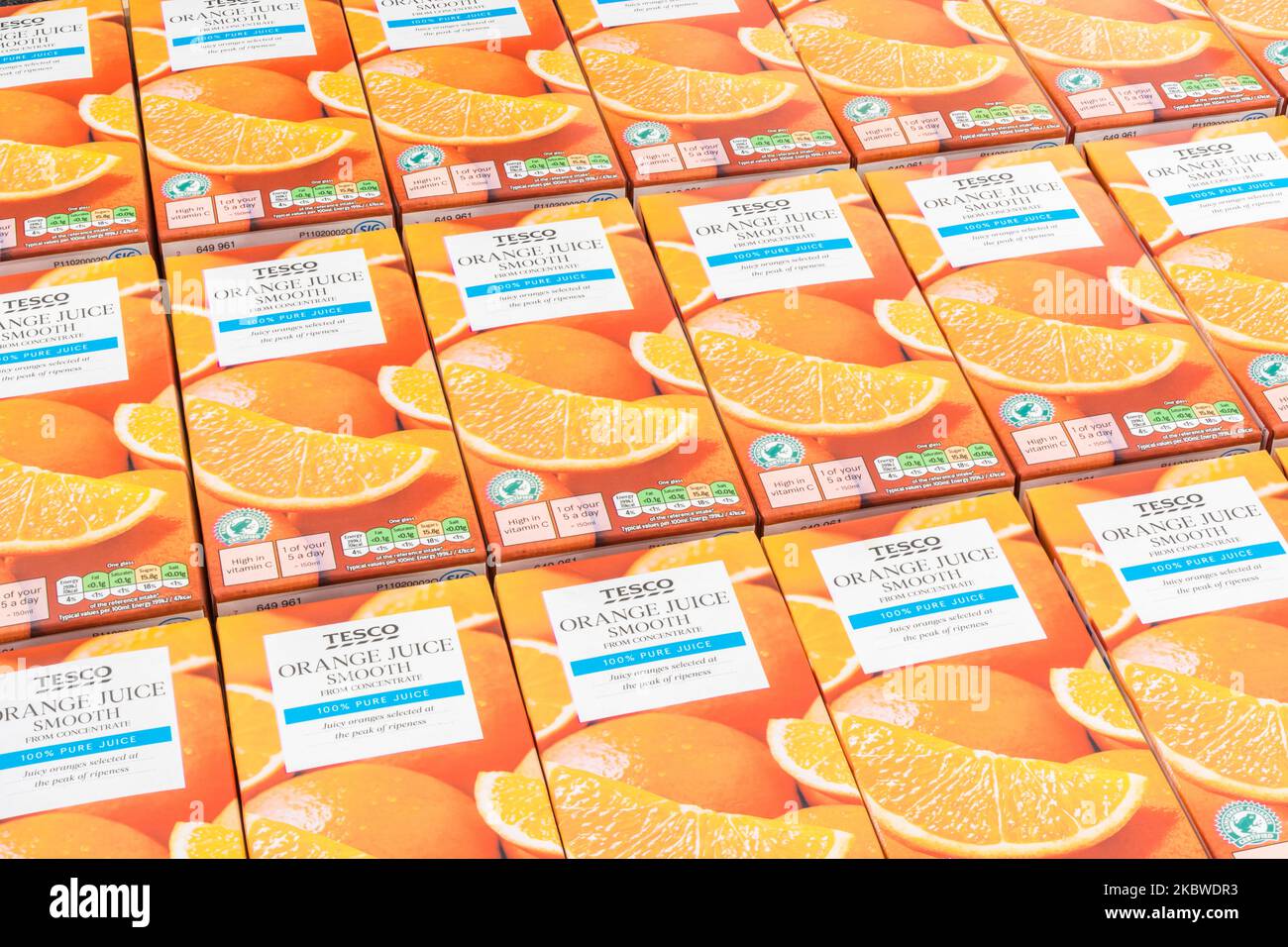 Tesco orange juice cartons & labelling showing sugar / carbohydrate