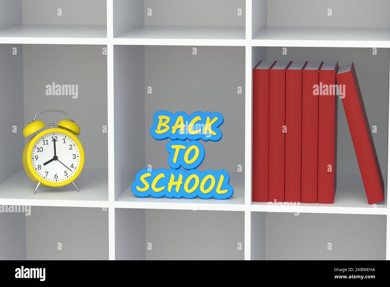 Word back to school and books, alarm clock on bookshelves. Education ...