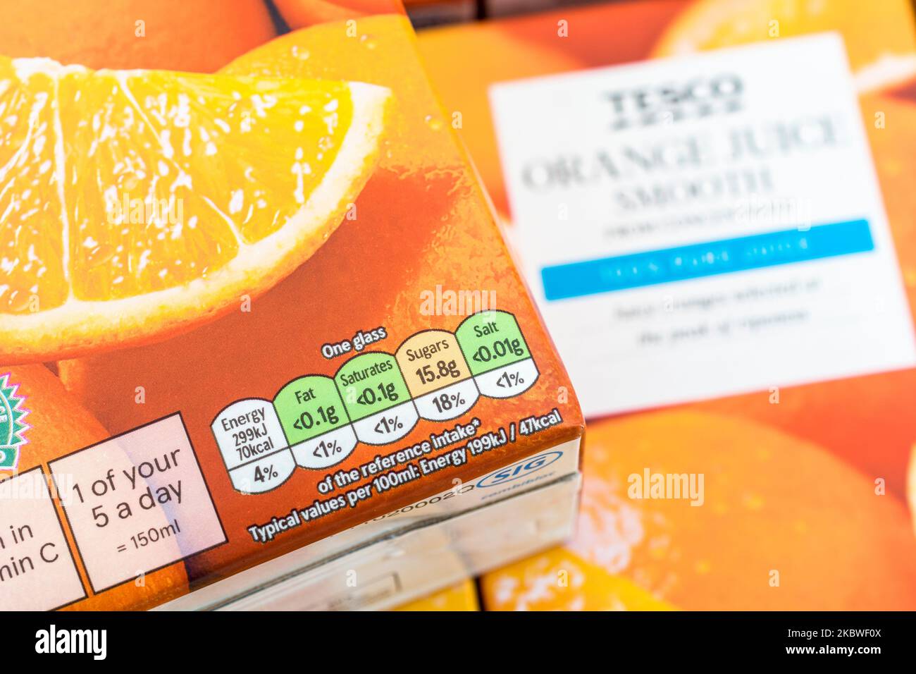 Close shot of food Dietary Traffic Lights on cardboard box of Tesco own