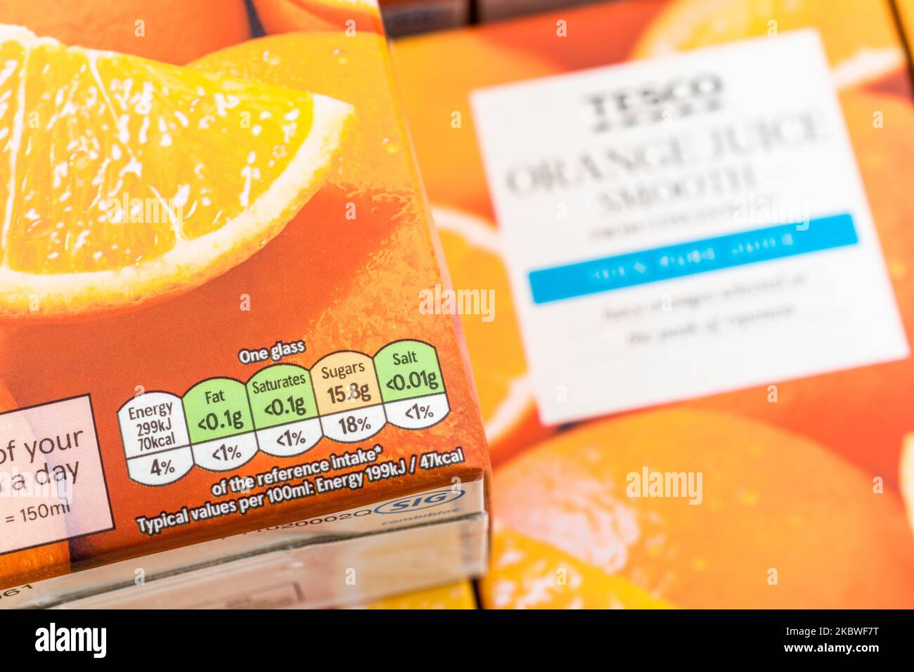 Close shot of food Dietary Traffic Lights on cardboard box of Tesco own