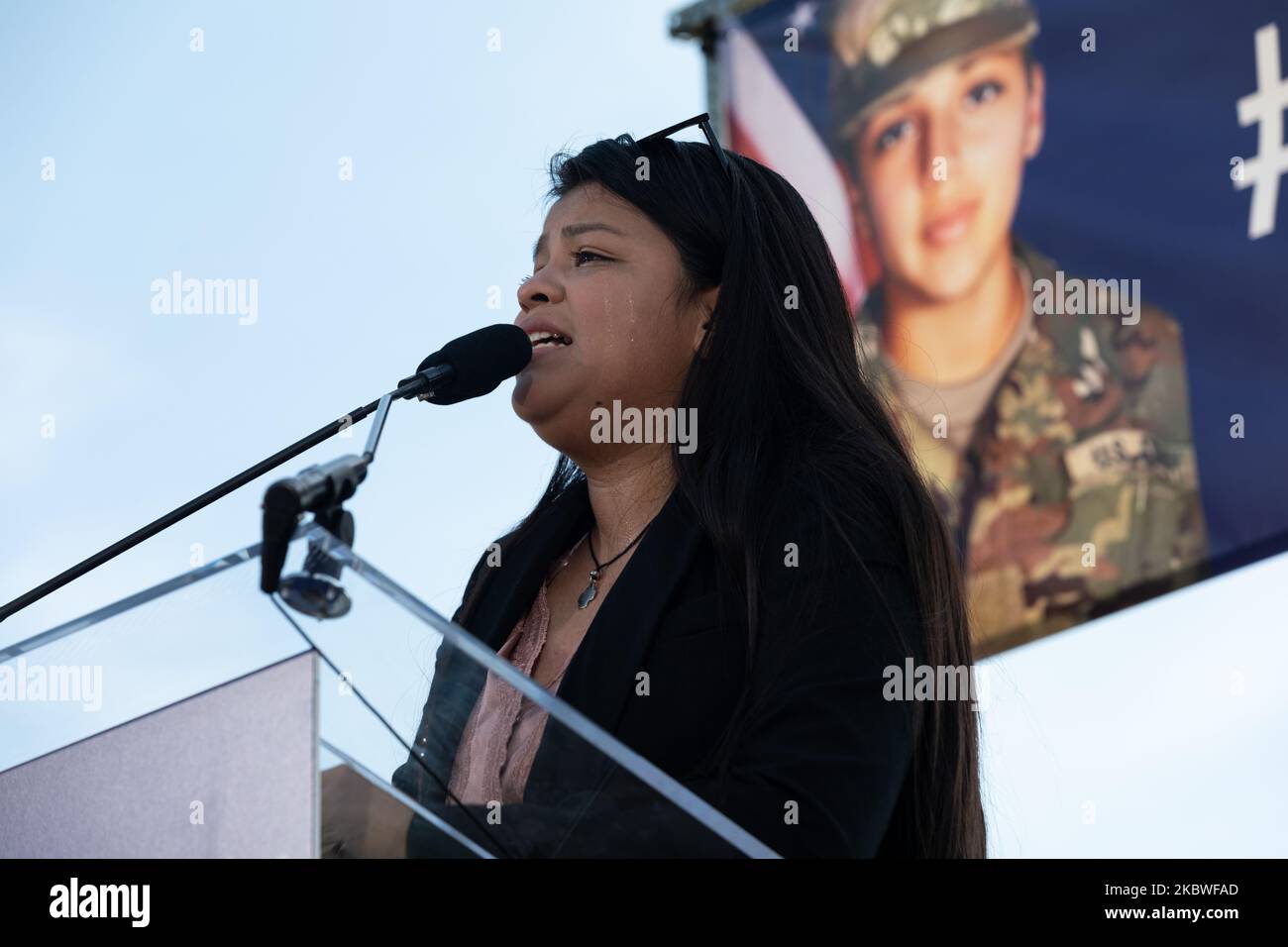 U.S. Army Private First Class Vanessa Guillen's sister Lupe Guillen addresses supporters and calls for justice in Vanessa's death during a rally on the National Mall in front of the U.S. Capitol July 30, 2020 in Washington, DC. (Photo by Aurora Samperio/NurPhoto) Stock Photo