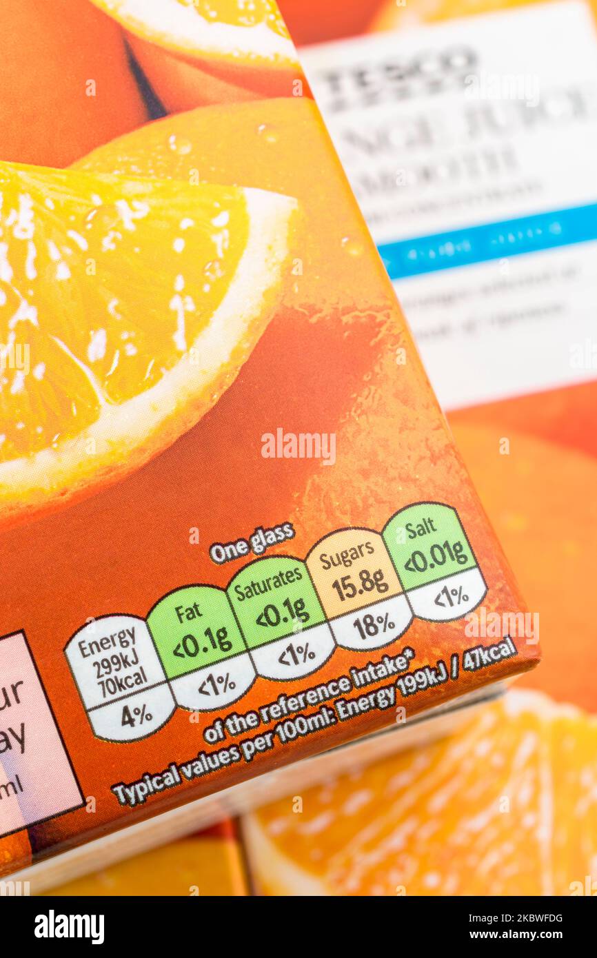 Close shot of food Dietary Traffic Lights on cardboard box of Tesco ownlabel brand orange juice