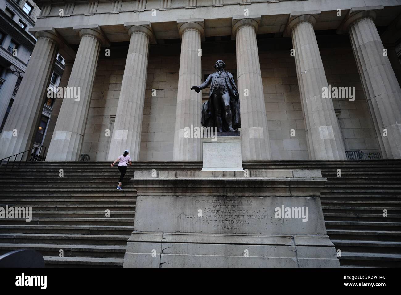 A view of the Federal Hall right across the New York Stock Exchange. Slashing $600 Unemployment Benefits Would Be ‘Absolutely Devastating’ For U.S. Economy report says. New York City enters Phase 4 of re-opening following restrictions imposed to slow the spread of coronavirus on July 31, 2020 in New York City. The fourth phase allows outdoor arts and entertainment, sporting events without fans and media production. (Photo by John Nacion/NurPhoto) Stock Photo