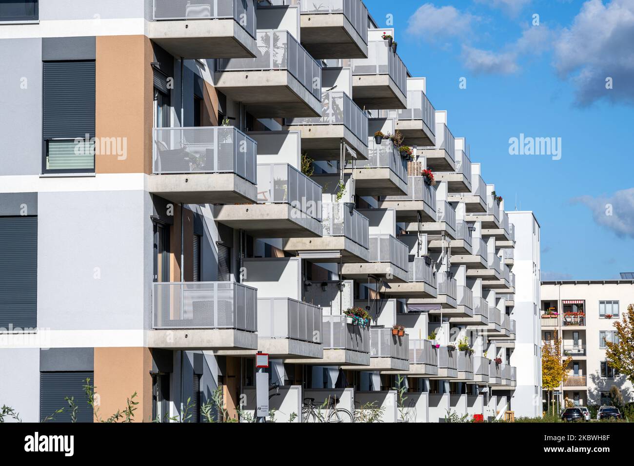 Modern apartment buildings with many balconies seen in Berlin, Germany ...