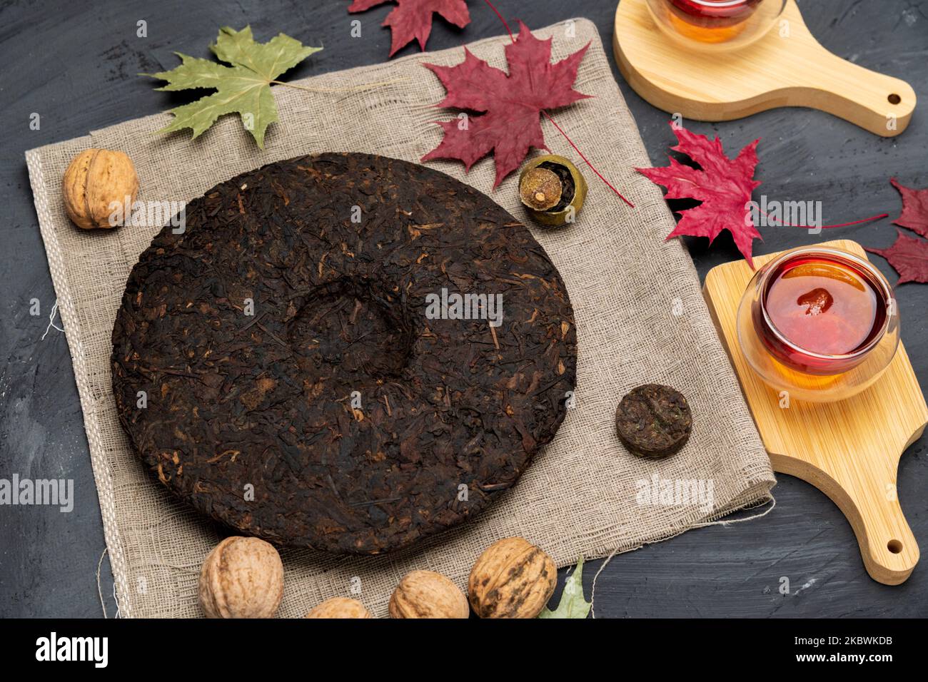 Shu Pu erh cake in English chinese fermented black tea. Healthy