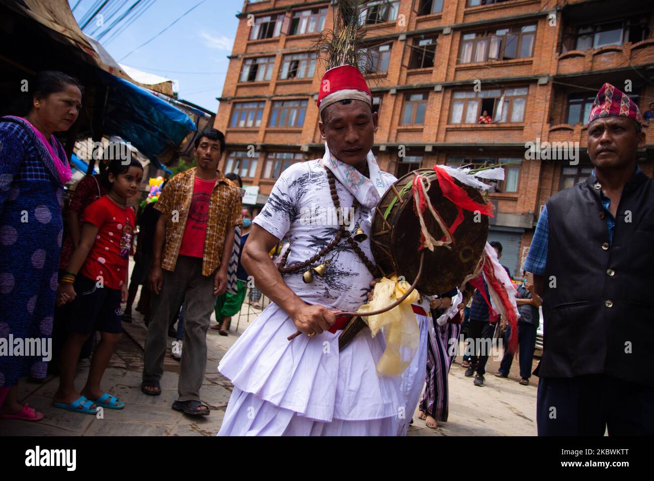 Nepalese witch doctors perform religious rituals during Janai Purnima festival at Patan, Nepal on August, 3, 2020. (Photo by Rojan Shrestha/NurPhoto) Stock Photo