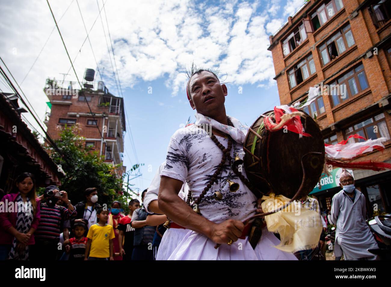 Nepalese witch doctors perform religious rituals during Janai Purnima festival at Patan, Nepal on August, 3, 2020. (Photo by Rojan Shrestha/NurPhoto) Stock Photo