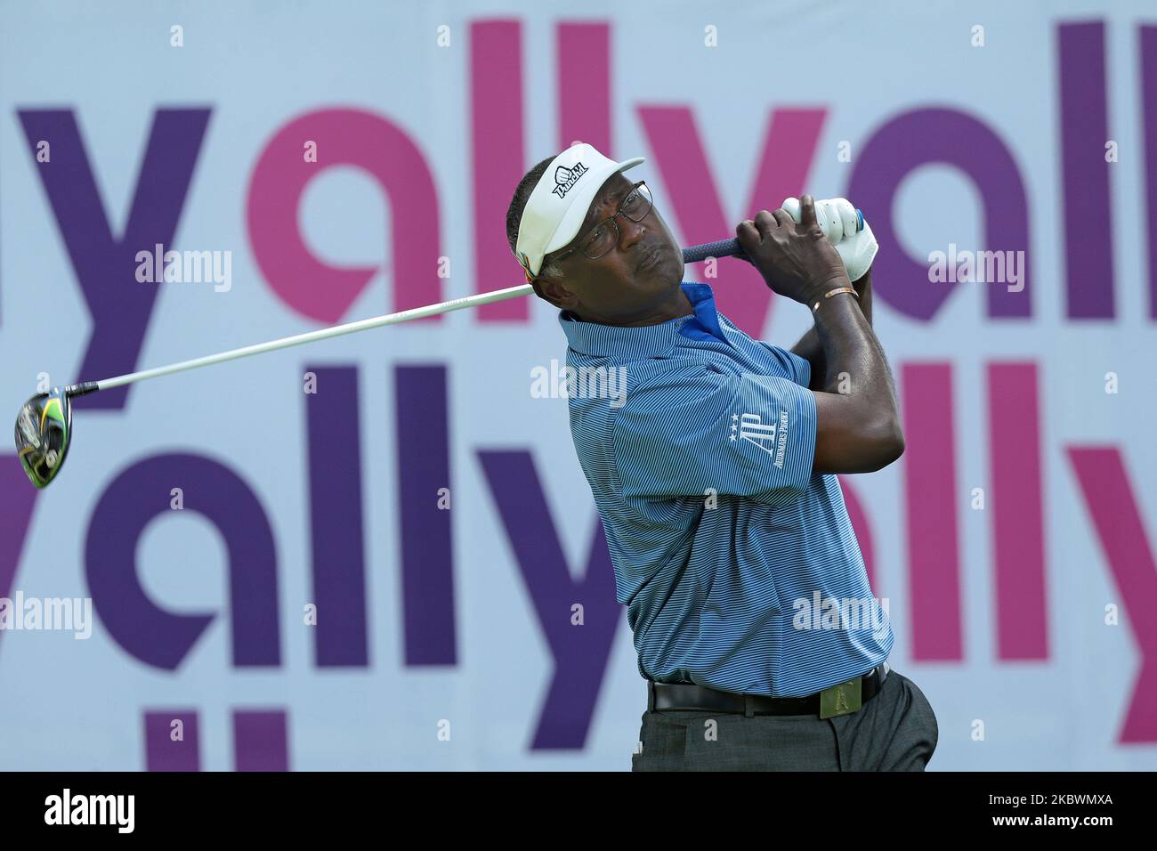 Vijay Singh of Fiji Islands tees off on the 18th tee during the first round of The Ally Challenge presented by McLaren at Warwick Hills Golf & Country Club, Grand Blanc, MI, USA Friday, July 31, 2020. (Photo by Jorge Lemus/NurPhoto) Stock Photo