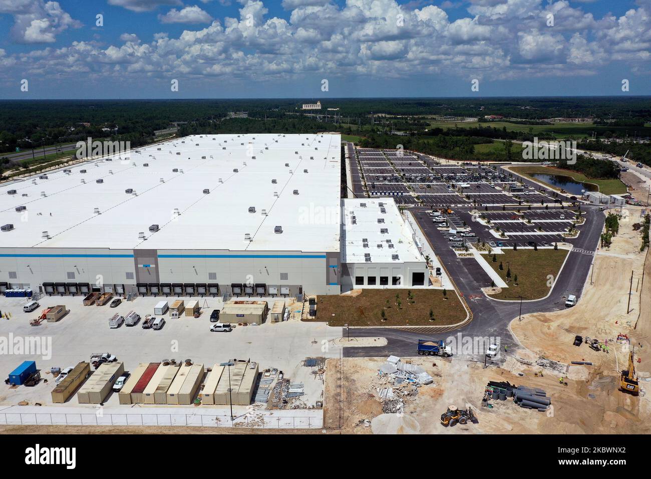 In this aerial view from a drone, construction on an Amazon fulfillment center along Interstate