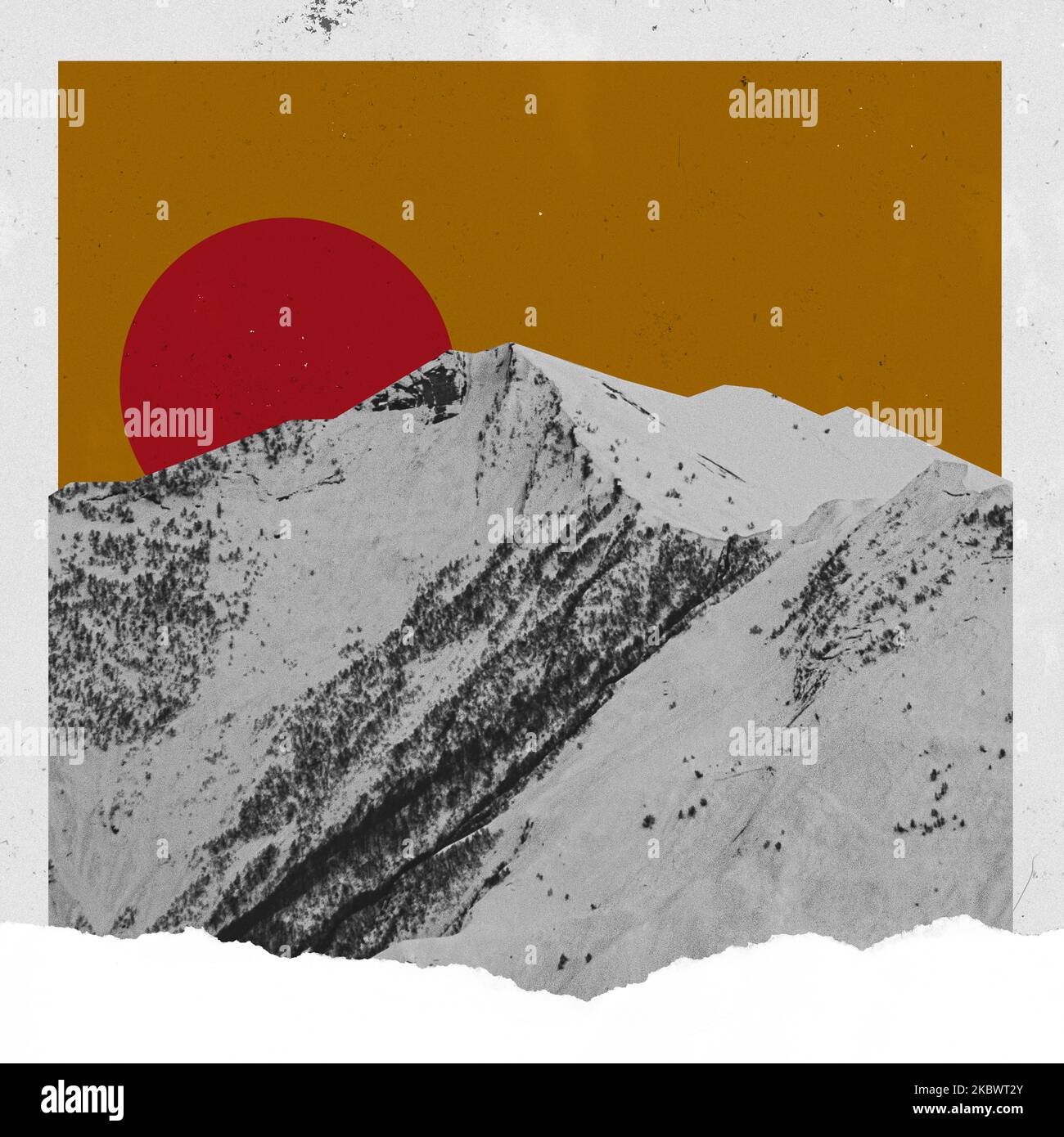 Contemporary art collage. Creative design in retro style. Image of snowy mountains on sunset. Fresh air Stock Photo