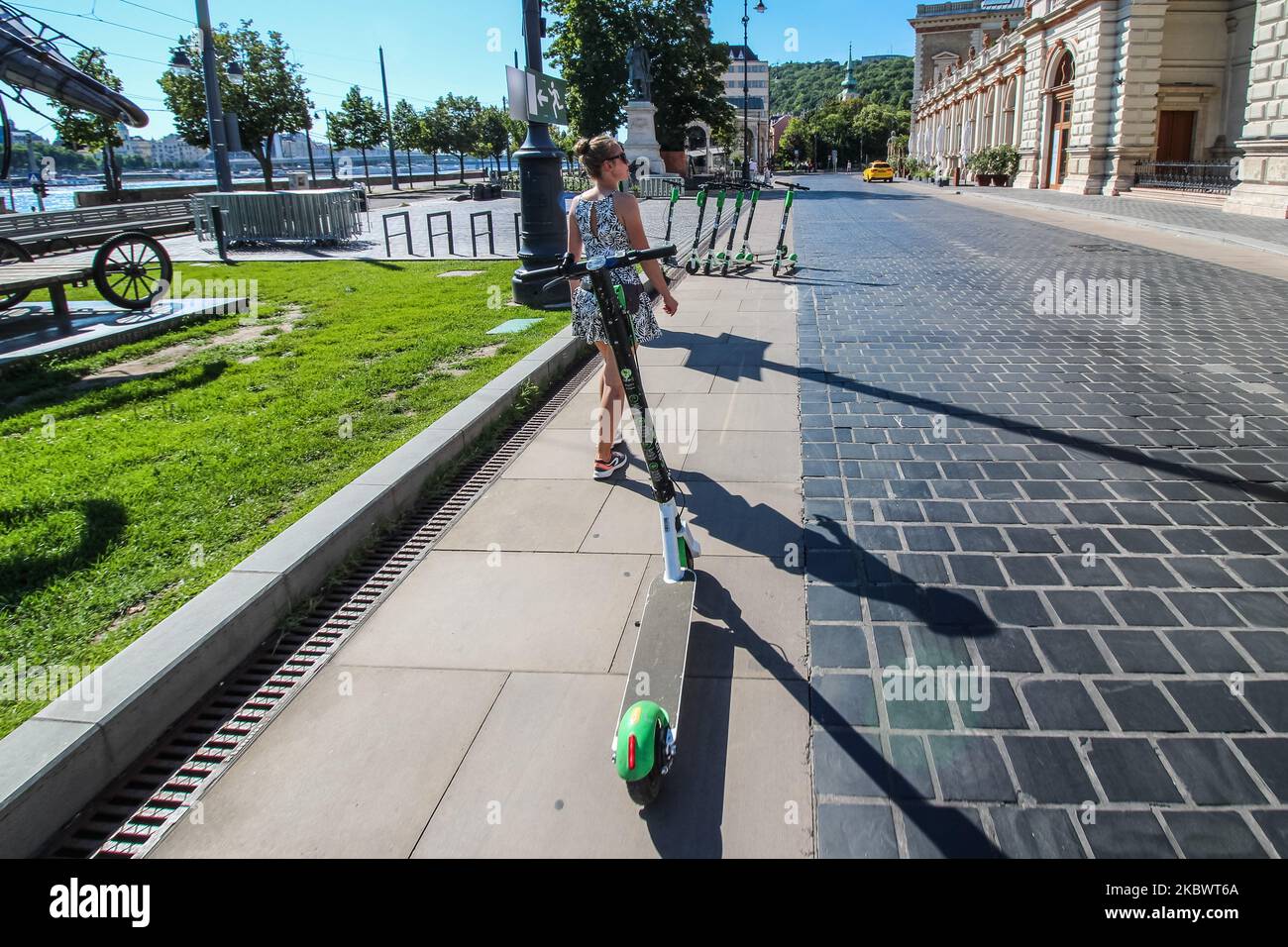 Lime electric kick scooters are seen in Budapest, Hungary on 2 August